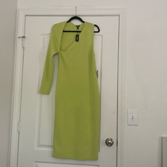 express lime green dress Lime Green Satin Draped Dress with Silver Embroidery S main image 0